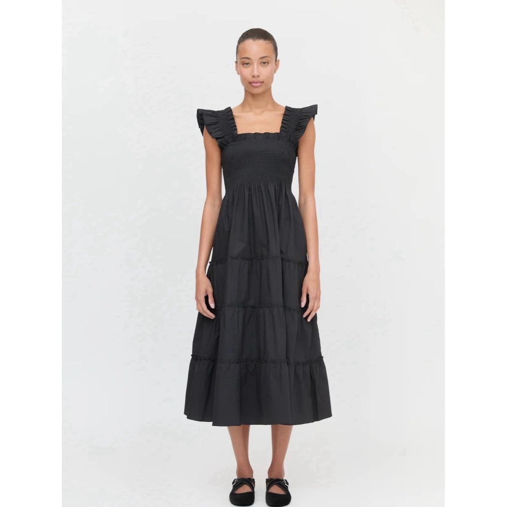 HILL HOUSE HOME Ellie Nap Dress Smocked Tiered Black Poplin Ruffle Sleeve Large